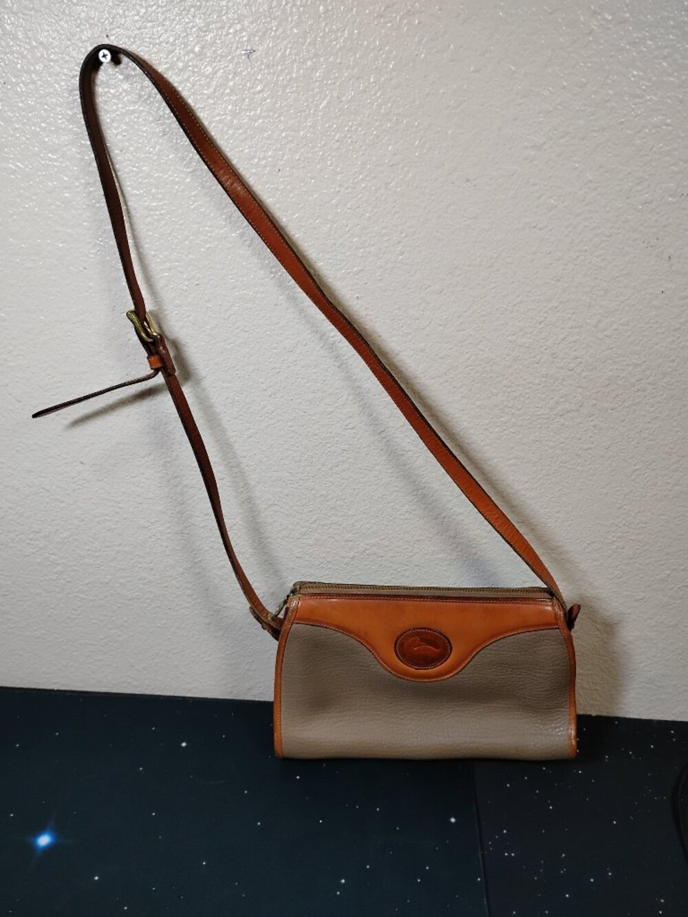 Vintage Dooney Bourke All Weather Leather Crossbody Bag Taupe Tan Made in USA
